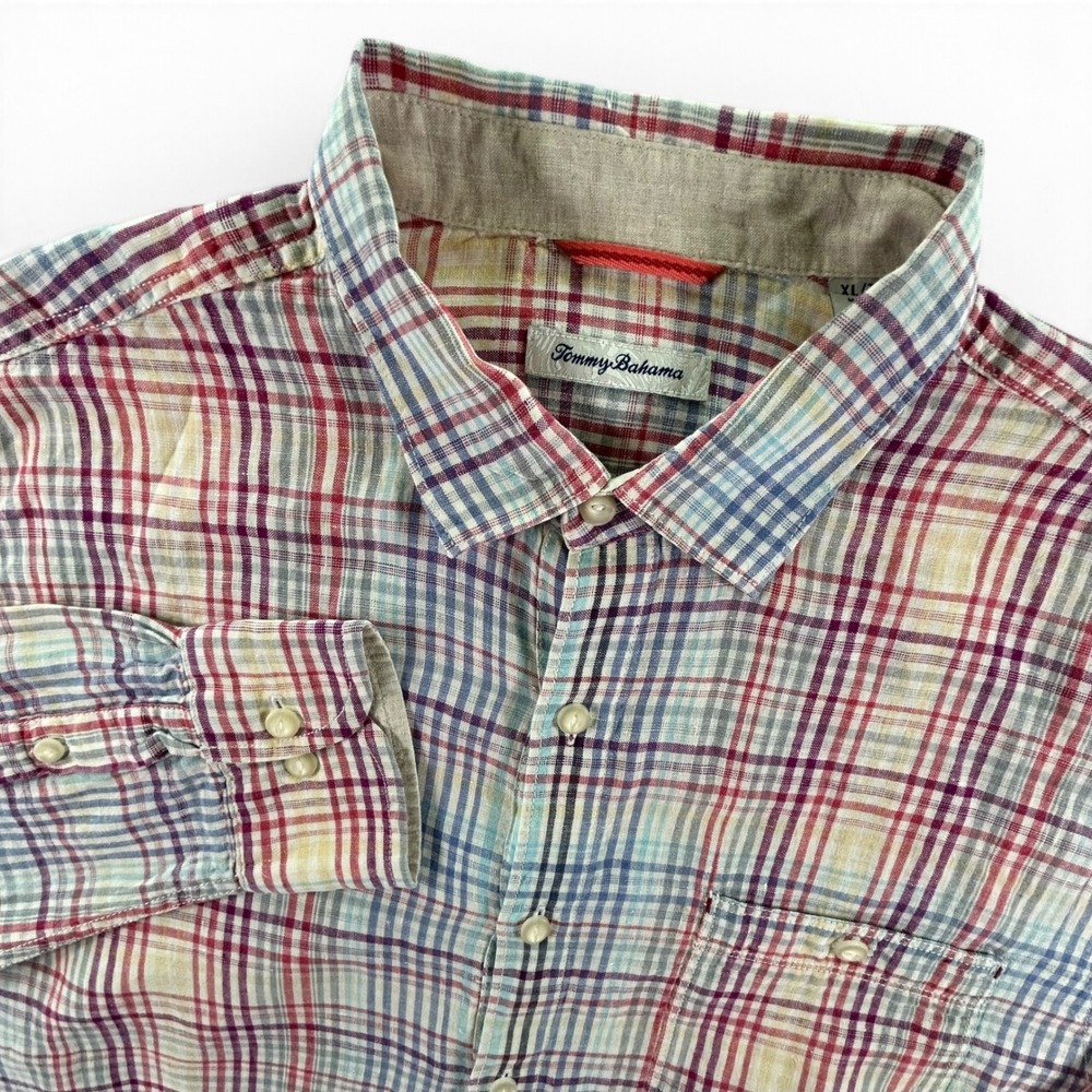 Tommy Bahama Mens XL 100% Linen Shirt Long Sleeve Plaid Button Up Marlin Logo